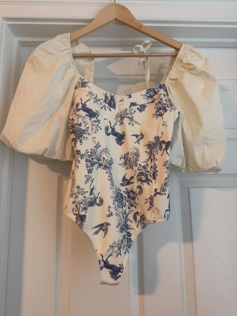 Free People Cream & Blue Toile Puff-Sleeve Bodysuit
